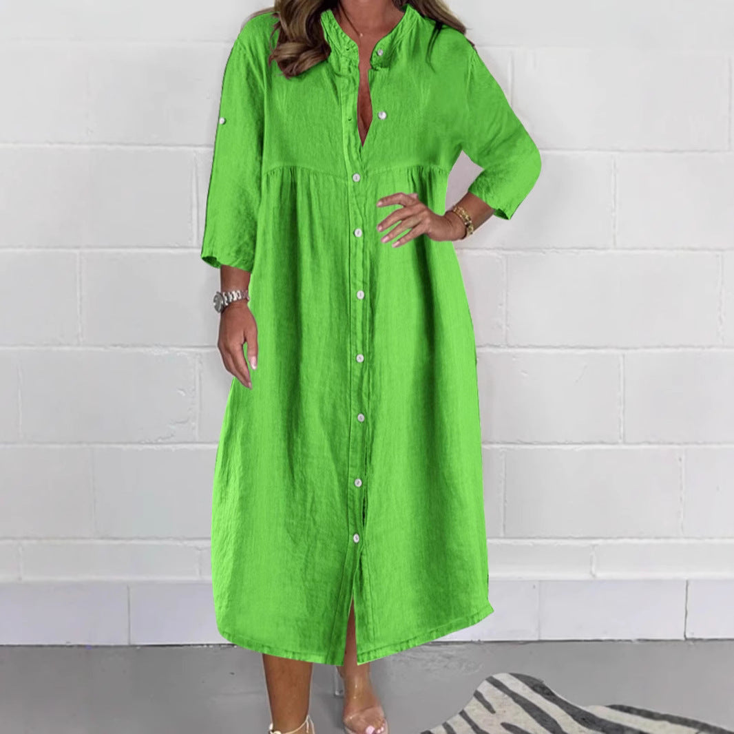 Damen Lockere Empire Midi Hemdkleid im Leinenlook mit Stehkragen und 3/4 Ärmeln Drune