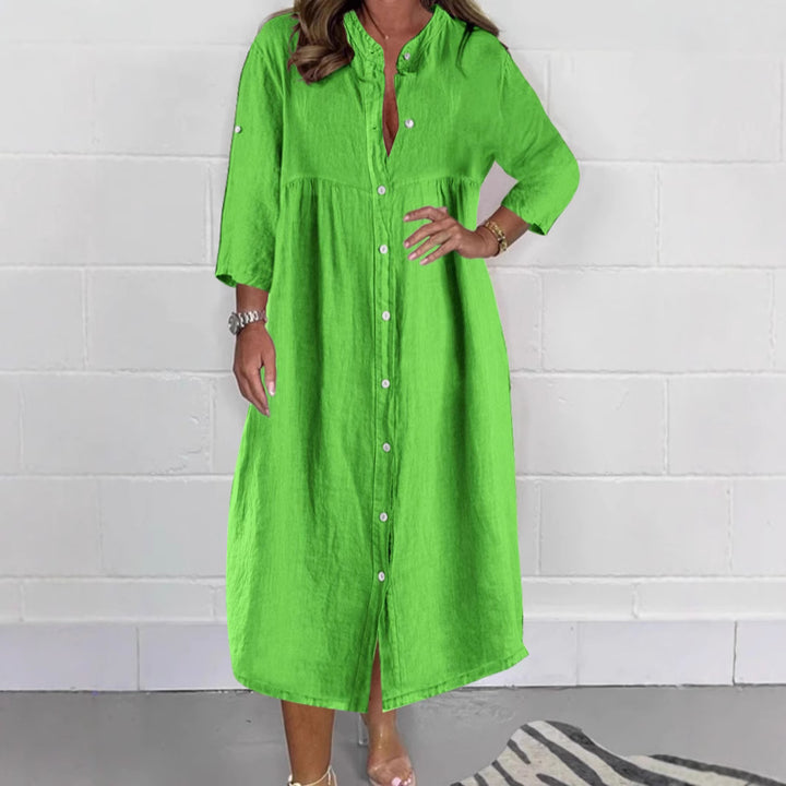Damen Lockere Empire Midi Hemdkleid im Leinenlook mit Stehkragen und 3/4 Ärmeln Drune