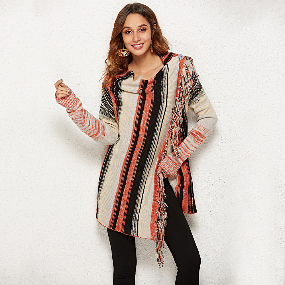 Damen modische Strickjacke mit Fransen und typischem Streifenmuster Drune