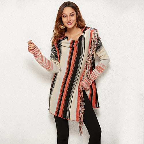 Damen modische Strickjacke mit Fransen und typischem Streifenmuster Drune