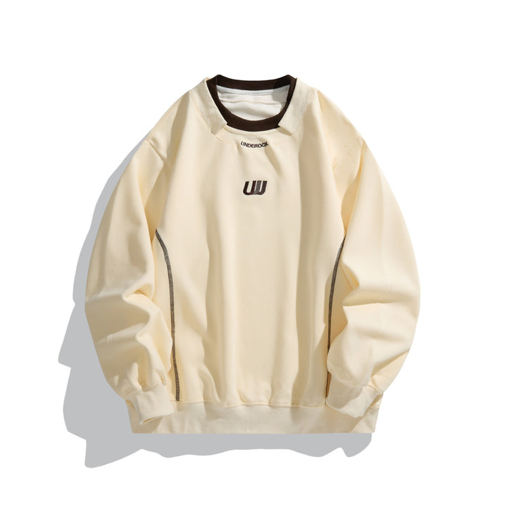 Unisex Lockeres Sweatshirt mit Kontrastkragen, sichtbaren Flatlocknähten und Logo-Stick Drune