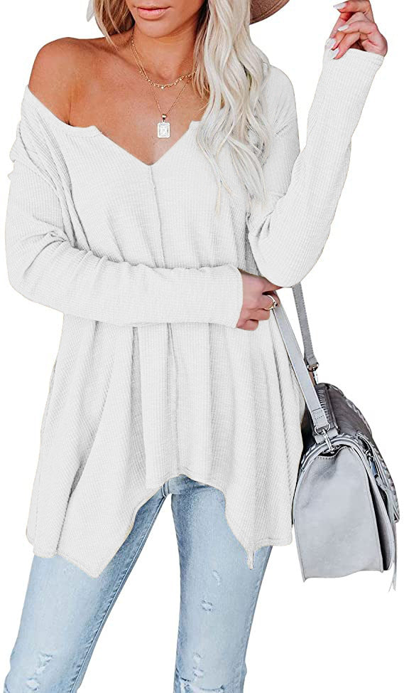 Damen Freizeit Waffelstrick Tunika mit V-Ausschnitt, Off-Shoulder und asymmetrischem Saum Drune