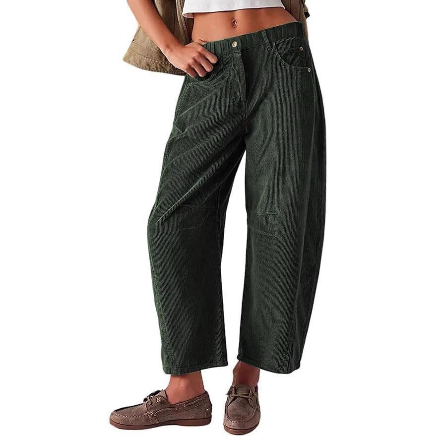 Damen Weite Cordhose mit hoher Taille, Cropped-Bein und Eingriffstaschen Drune