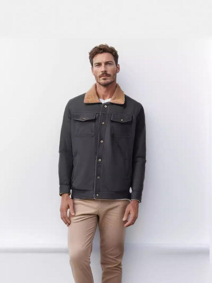 Herren lässige Jacke mit Kunstfellkragen und praktischen Taschen Drune