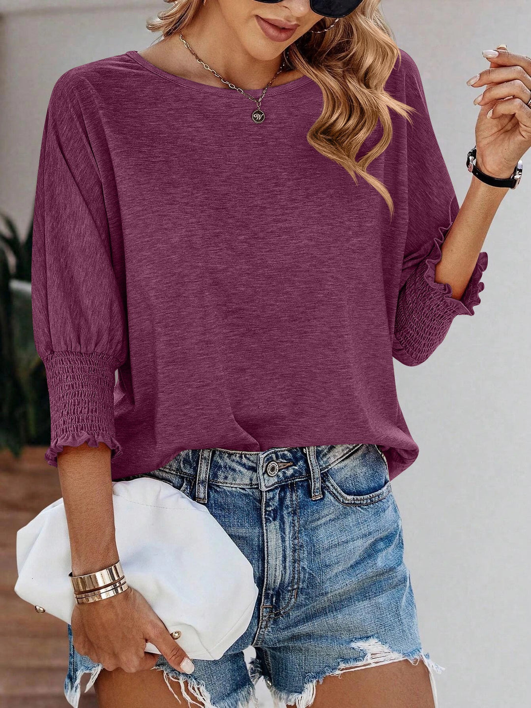 Damen lässiges Shirt mit Ballonärmeln und Rüschendetails Drune