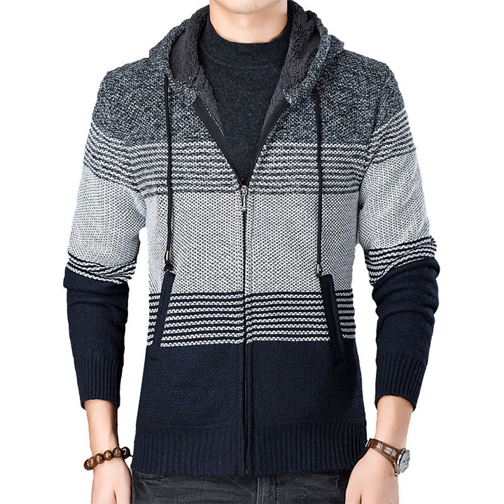 Herren Strickjacke mit Kapuze und modernen Blockstreifen Drune