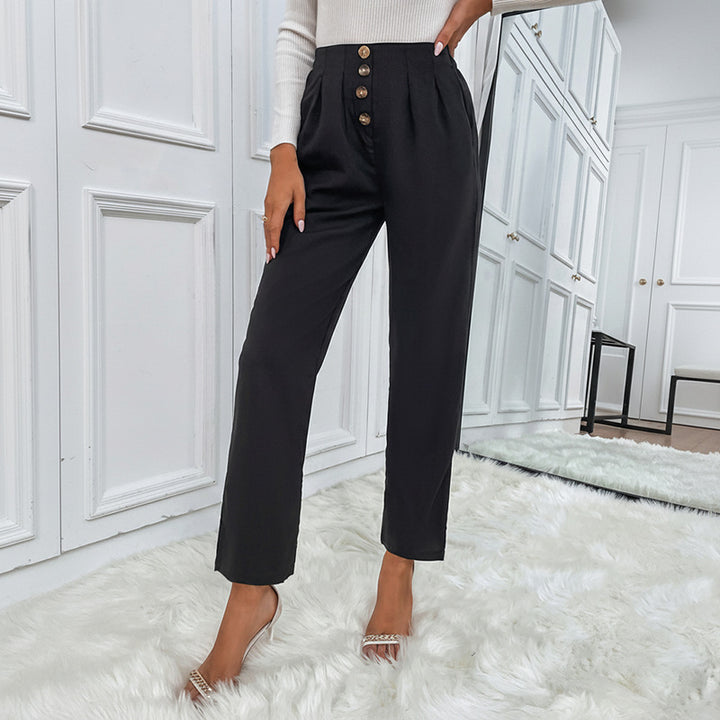 Damen Hochtaillierte Bundfalten-Hose mit dekorativer Knopfleiste und geradem Bein Drune