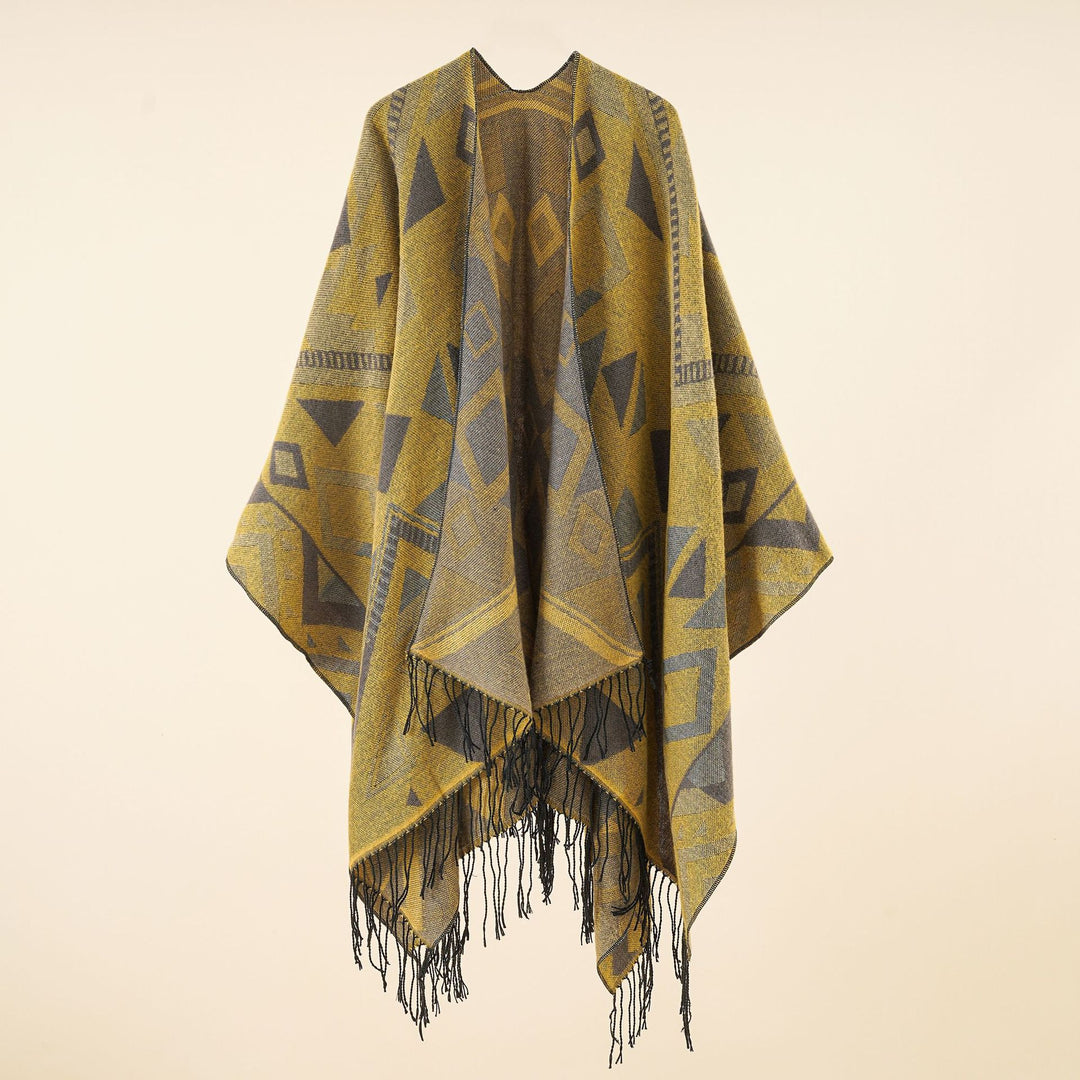 Damen Gewebter Ruana-Umhang aus Wollmix mit grafischem Ethno-Jacquard und langen Fransen Drune