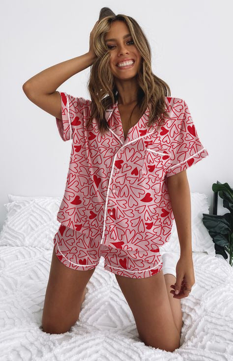 Damen Kurzarm-Pyjama-Set mit verspieltem Schleifenmuster Drune