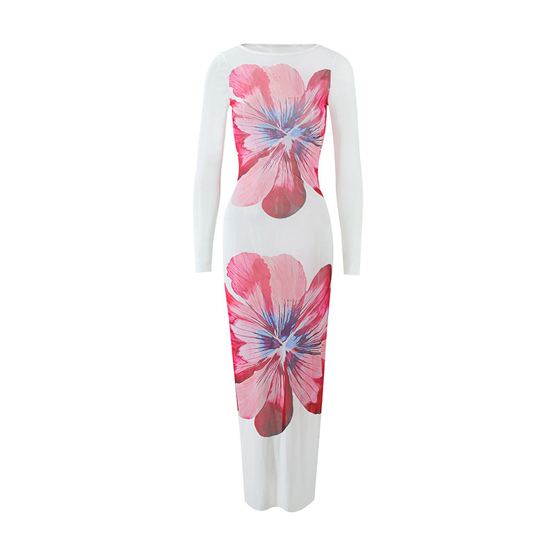 Damen Elegantes Maxikleid mit floralen Druck und langem Arm Drune