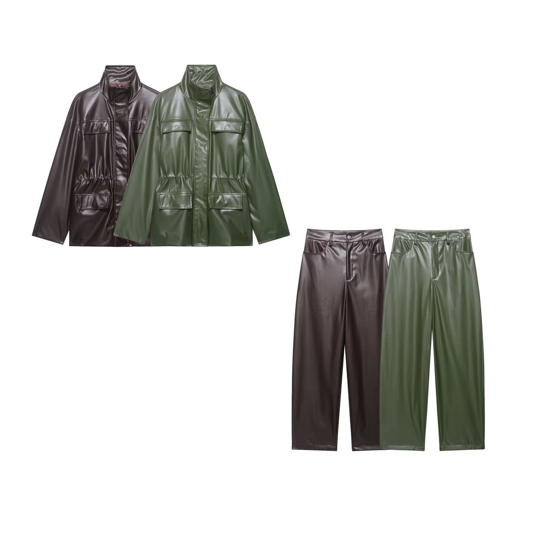Damen Zweiteiliges PU-Leder-Ensemble mit Fieldjacke, Kordelzugtaillierung und High‑Waist Wide‑Leg Hose Drune
