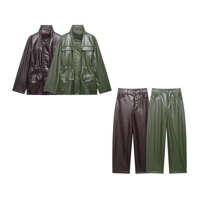 Damen Zweiteiliges PU-Leder-Ensemble mit Fieldjacke, Kordelzugtaillierung und High‑Waist Wide‑Leg Hose Drune