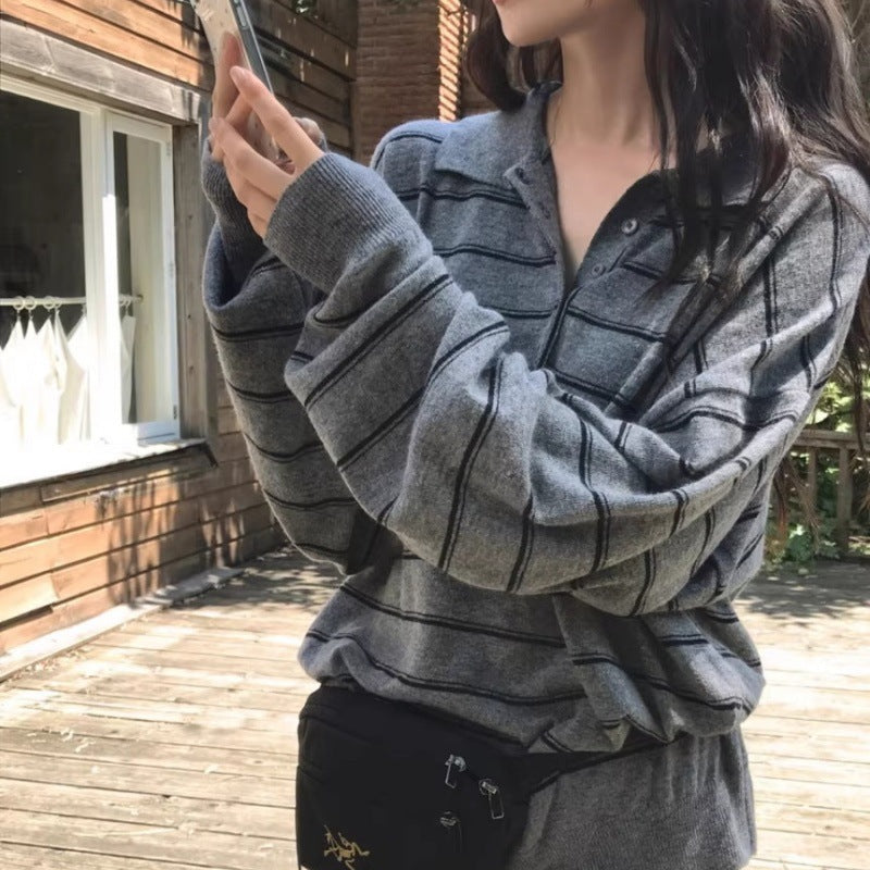 Damen Oversize-Polokragen-Strickpullover mit Streifen und halber Knopfleiste Drune