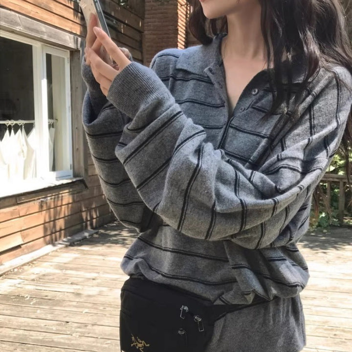 Damen Oversize-Polokragen-Strickpullover mit Streifen und halber Knopfleiste Drune