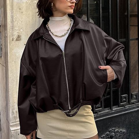 Damen lässige Oversized-Jacke mit Reißverschluss und breitem Kragen Drune