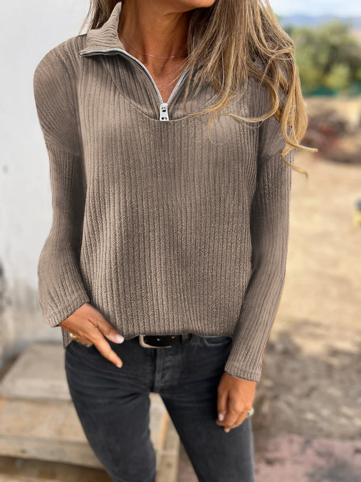 Damen Rippstrickpullover mit halbem Reißverschluss und Stehkragen Drune