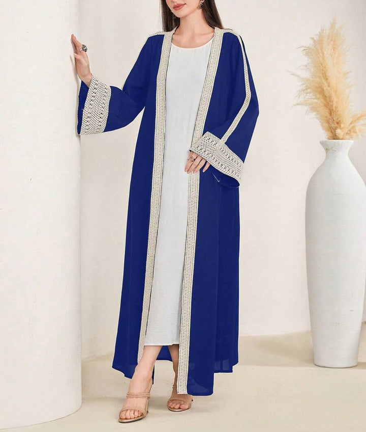 Damen Langes Open‑Front Kaftan‑Mantel mit Häkelspitzenbesatz Drune