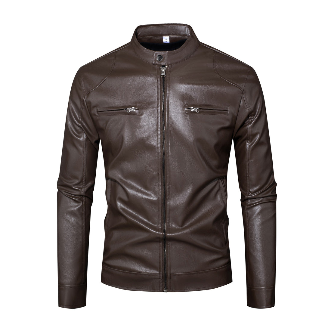 Herren Lederjacke im Bikerstil mit Stehkragen und Reißverschlusstaschen Drune