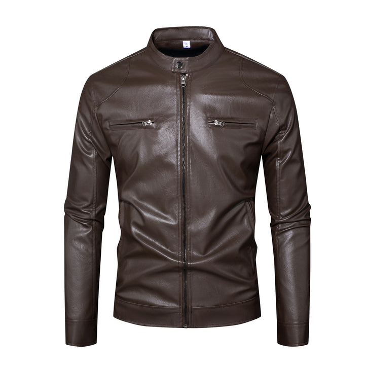Herren Lederjacke im Bikerstil mit Stehkragen und Reißverschlusstaschen Drune