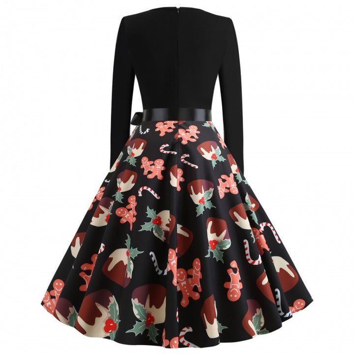 Damen Festliches Tellerkleid im Retro Stil mit langen Ärmeln tailliertem Oberteil und Satin‑Taillenschleife Drune
