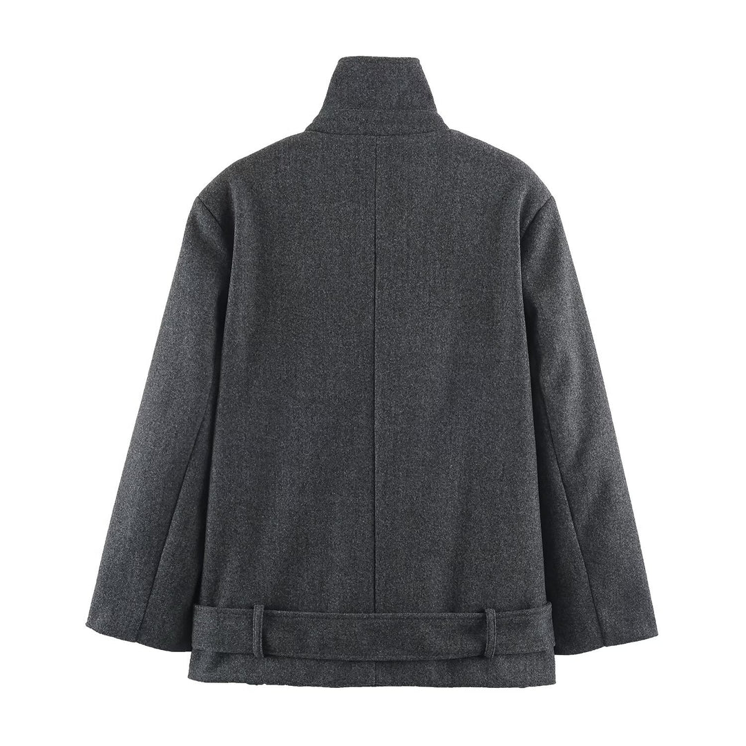 Damen Kurzer Doppelreihiger Wollmix-Mantel mit hohem Stehkragen und Taillengürtel Drune