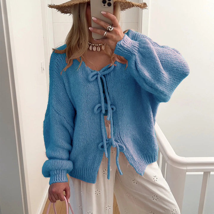 Damen Grobgestrickter Offener Cardigan mit Bindebändern, Oversize‑Silhouette und Raglanärmeln Drune