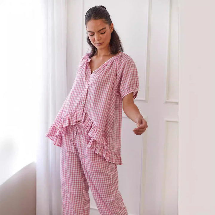 Damen Pyjama-Set mit Rüschen und Karomuster Drune