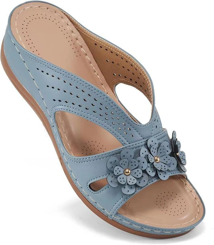 Damen Bequeme Pantoletten mit Blumenapplikation und orthopädischer Dämpfung Drune