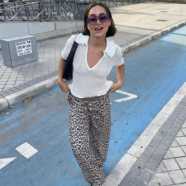 Damen lässige Palazzo-Hose mit Leopardenmuster und elastischem Bund Drune
