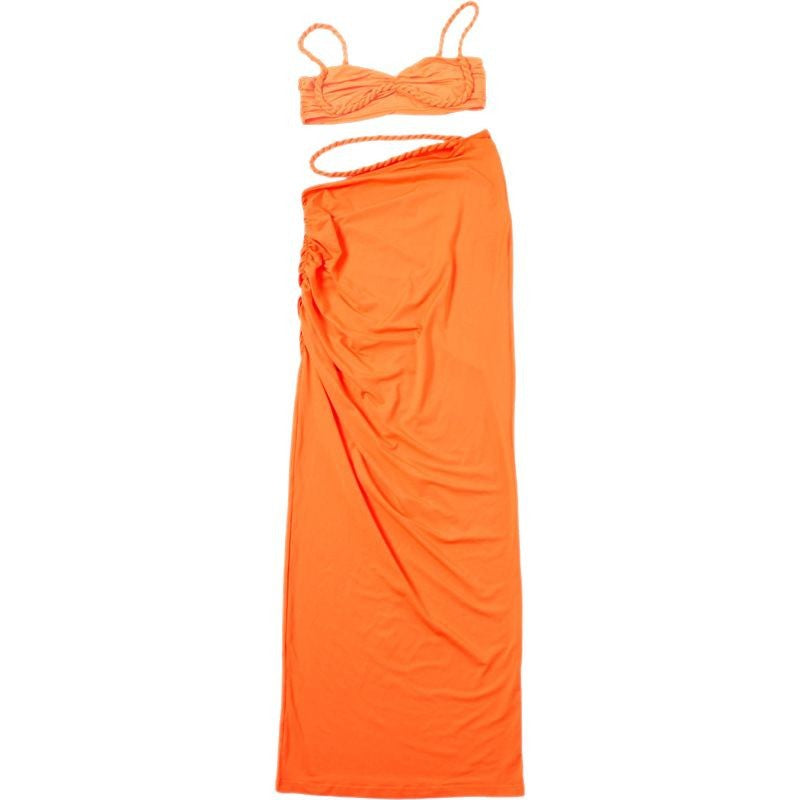 Damen Strandbekleidungs-Set mit geflochtenem Oberteil und elegantem Wickelrock Drune