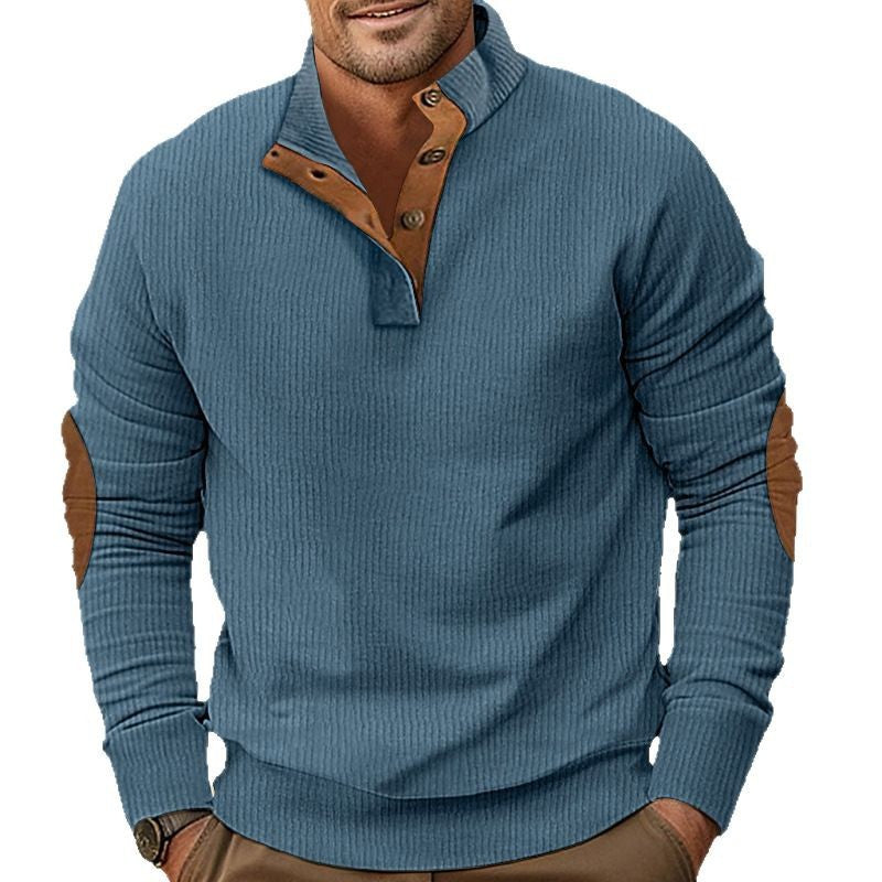 Herren nan geripptes Henley-Langarmshirt mit Stehkragen und Leder-Ellbogenpatches Drune