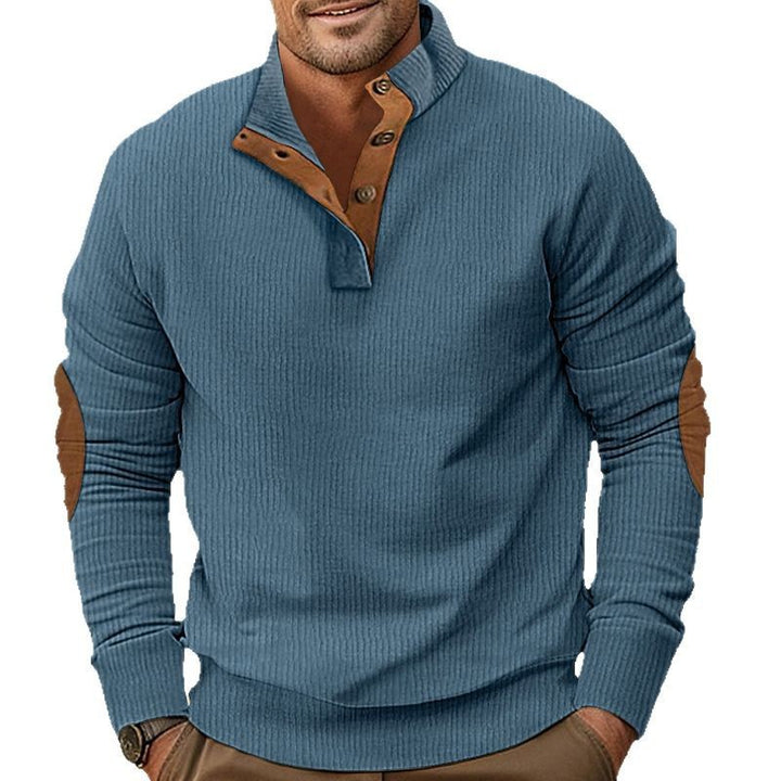Herren nan geripptes Henley-Langarmshirt mit Stehkragen und Leder-Ellbogenpatches Drune