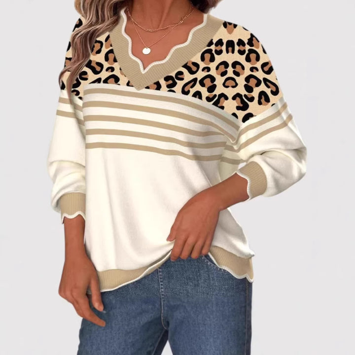 Damen Modischer V-Pullover mit Leo-Print