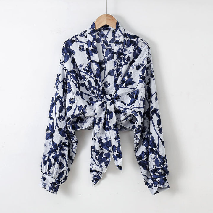 Damen nan florale Knoten-Bluse im Wickelstil mit Ballonärmeln und leichter Leinenoptik Drune