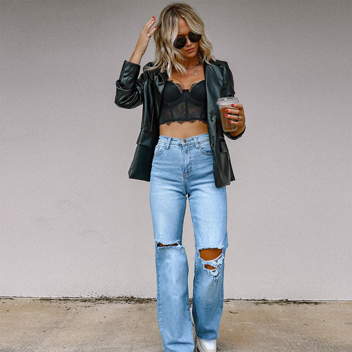 Damen Gefütterte Wide-Leg Jeans mit modischen Rissen und hohem Bund Drune