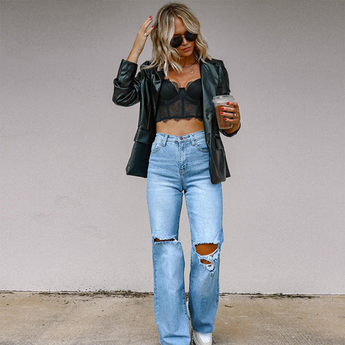 Damen Gefütterte Wide-Leg Jeans mit modischen Rissen und hohem Bund Drune