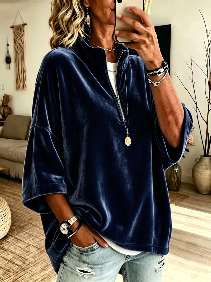 Damen Oversize Samt-Pullover mit kurzem Reißverschluss und Stehkragen Drune