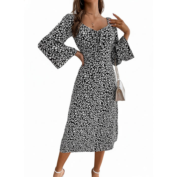 Damen Blumen-Midikleid mit taillierter Wickeloptik und ausgestellten Trompetenärmeln Drune