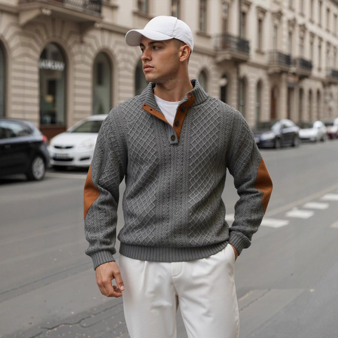 Herren Troyer-Pullover mit Stehkragen, strukturierter Strickoptik und Kontrast-Ellbogenpatches Drune
