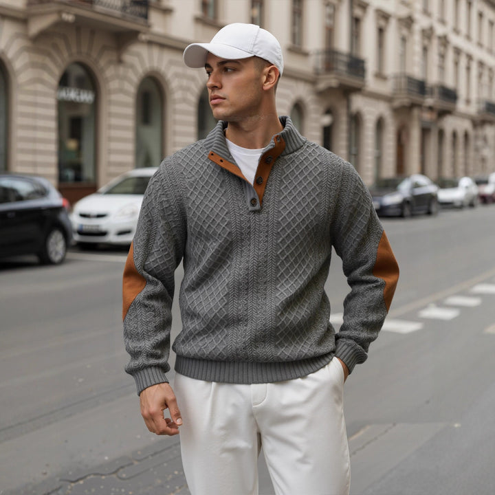 Herren Troyer-Pullover mit Stehkragen, strukturierter Strickoptik und Kontrast-Ellbogenpatches Drune