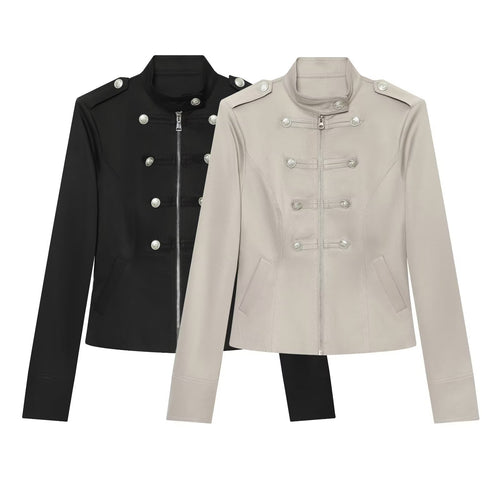 Damen Militärisch inspirierte Kurzjacke mit Reißverschluss und Zierknöpfen Drune