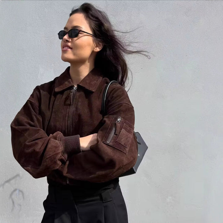 Damen modische Cropped-Bomberjacke aus weichem Wildlederimitat mit praktischen Taschen Drune