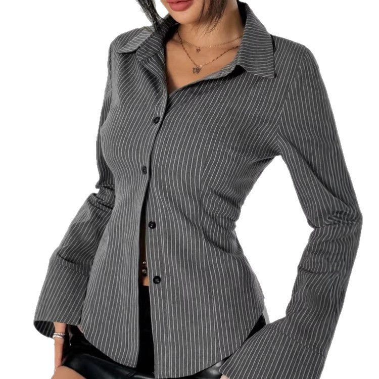 Damen Taillierte Nadelstreifen-Bluse mit ausgestellten Manschetten Drune