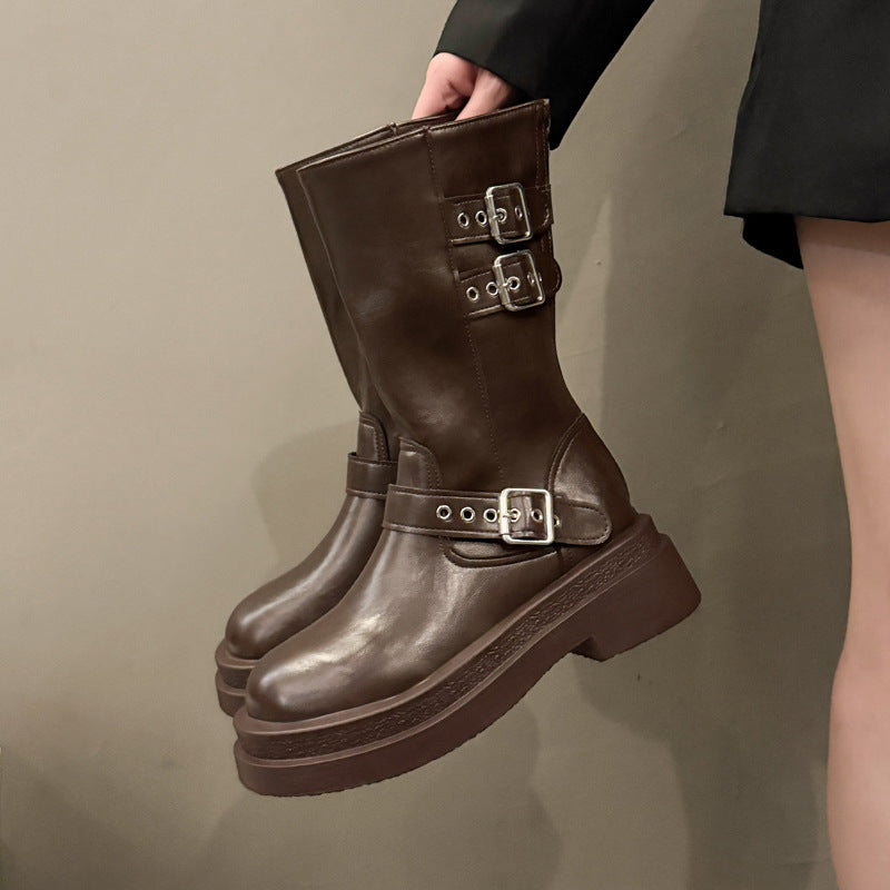 Damen Modische Overkneestiefel mit Schnallen- und Blockabsatz Drune