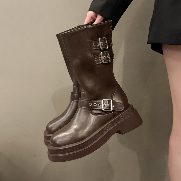 Damen Modische Overkneestiefel mit Schnallen- und Blockabsatz Drune