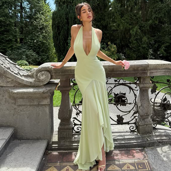 Damen Elegantes Maxikleid mit tiefem V-Ausschnitt und fließendem Rock Drune