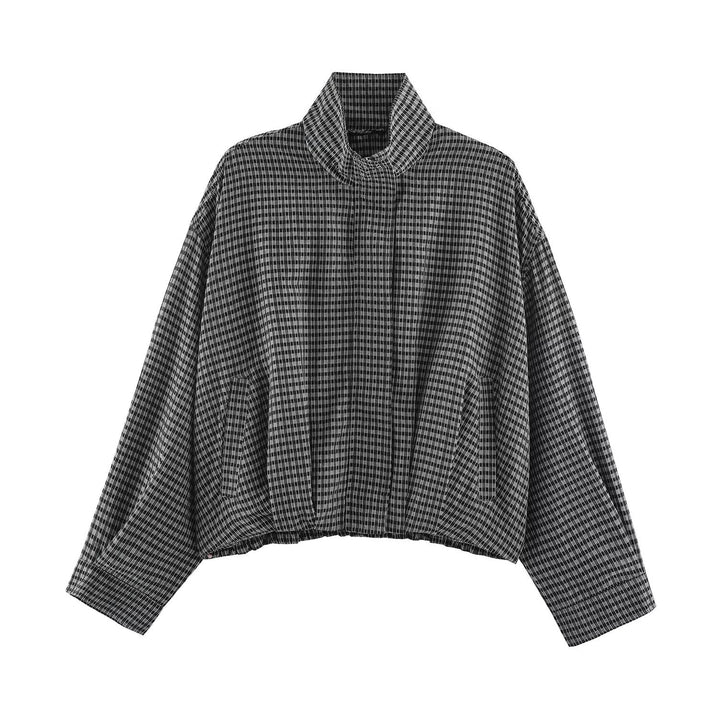 Damen Karo-Übergangsjacke im Oversize-Cropped-Schnitt mit hohem Stehkragen Drune