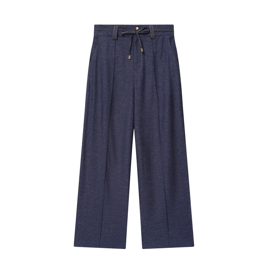 Damen Zweiteiler aus Denim‑Jersey Kapuzenjacke mit Reißverschluss und weiter Bundfaltenhose Drune