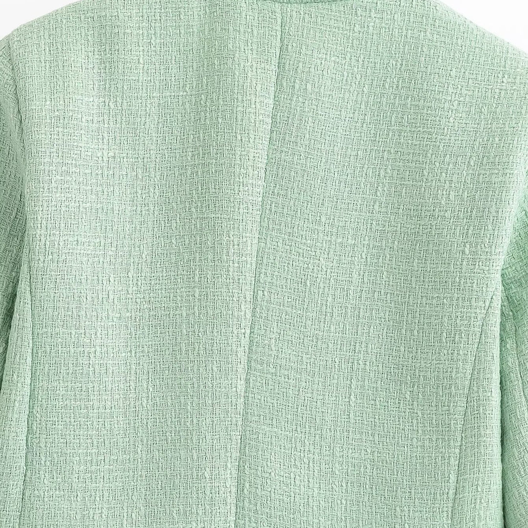 Damen Cropped Bouclé-Blazer mit Fransenabschluss, Stehkragen und Paspeltaschen Drune