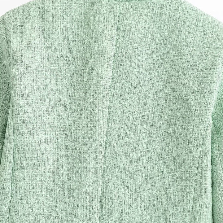Damen Cropped Bouclé-Blazer mit Fransenabschluss, Stehkragen und Paspeltaschen Drune